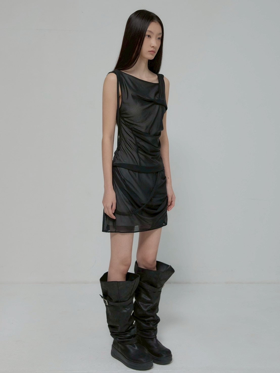 6/22 21:00発売【FLAREUP】Draped Mesh Layered Mini Skirt