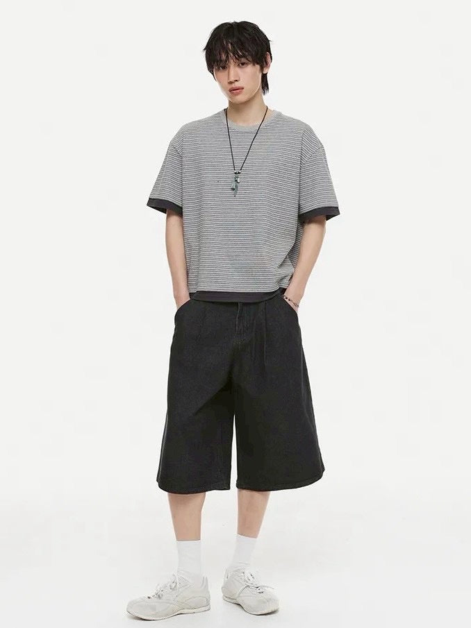 【DNSR】Layered Stripe Crop T-Shirt