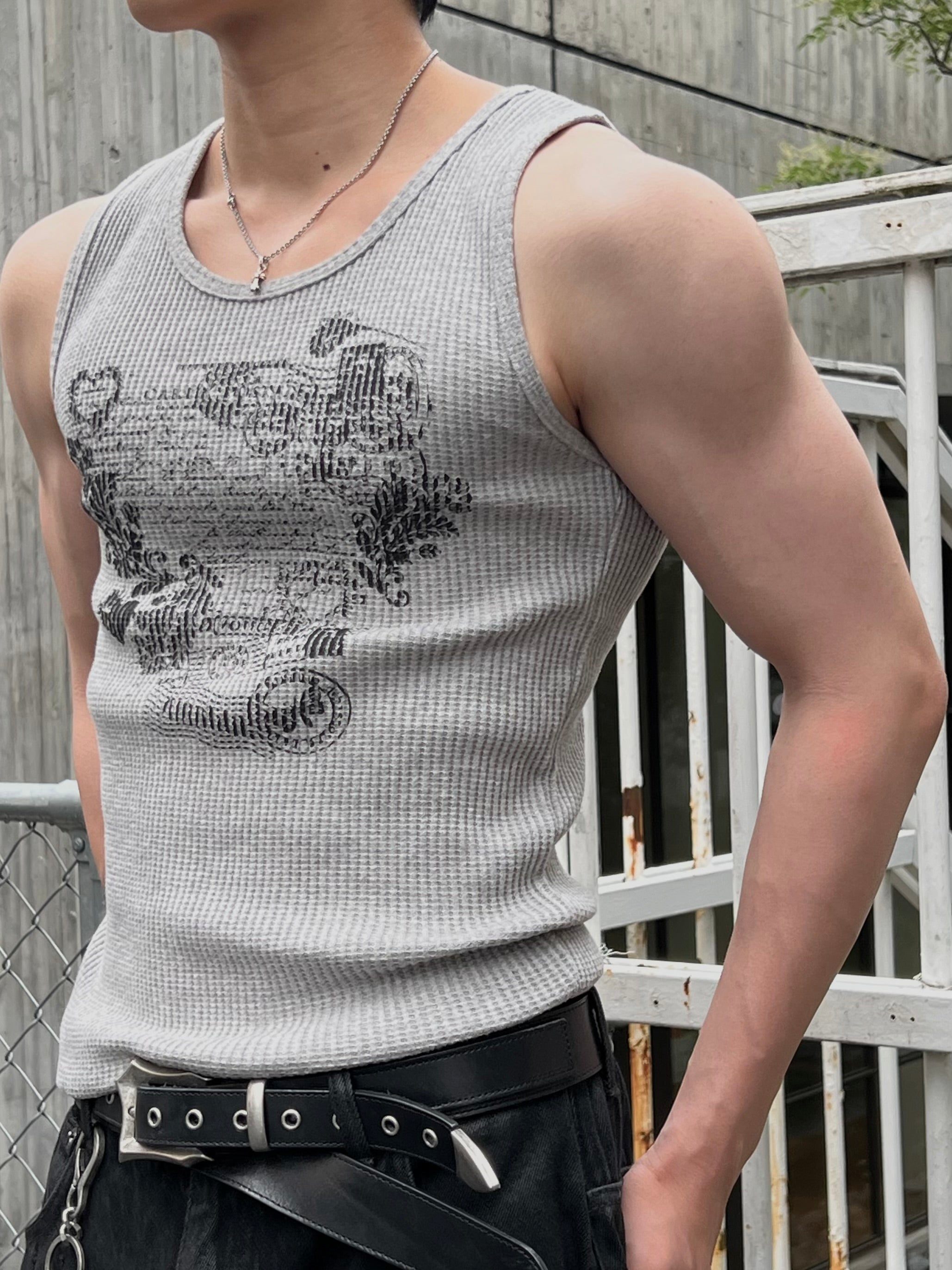 大阪店WEB限定受注制【Chikashitsu +】graphic waffle tank (2color)