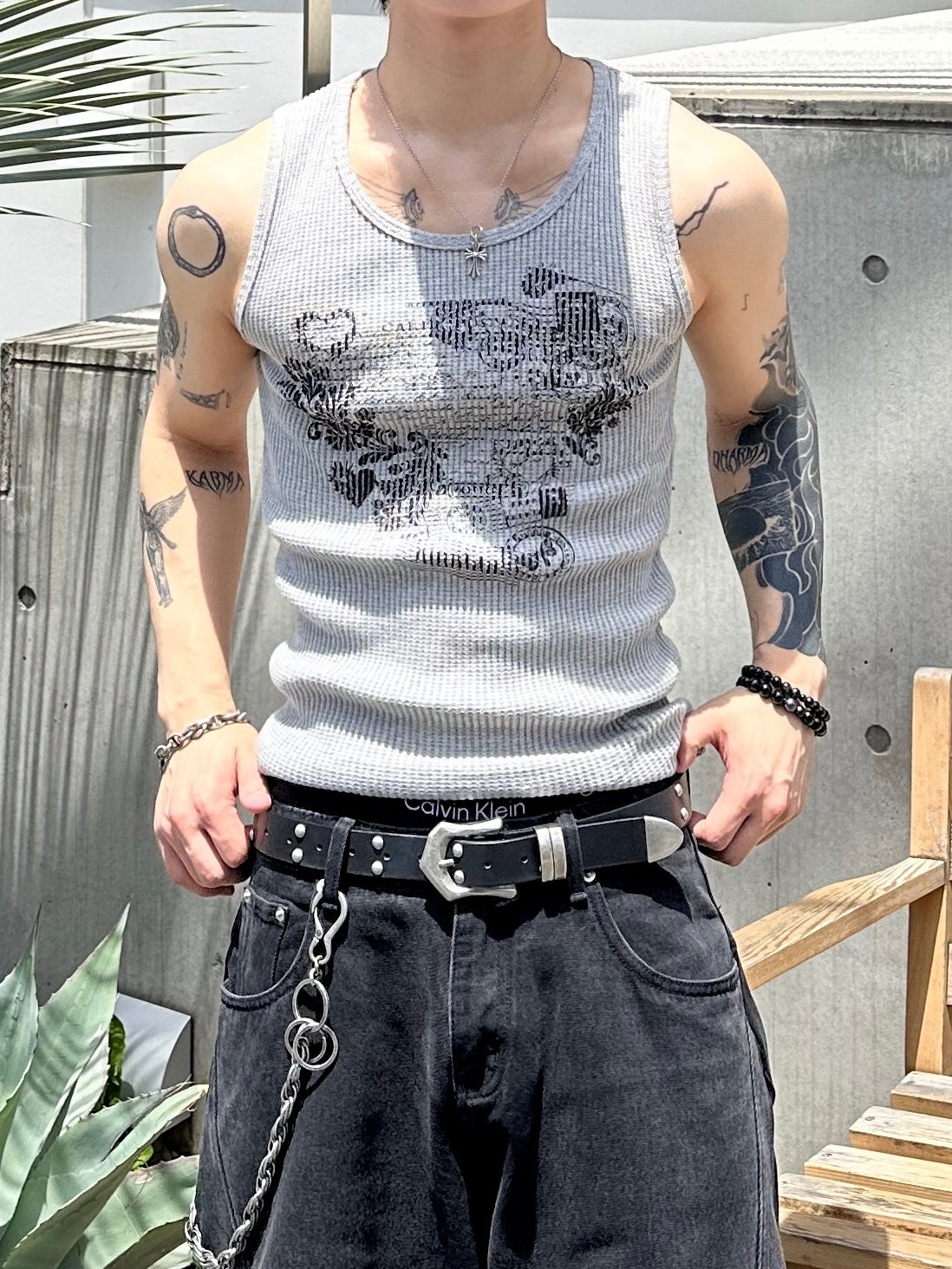 大阪店WEB限定受注制【Chikashitsu +】graphic waffle tank (2color)