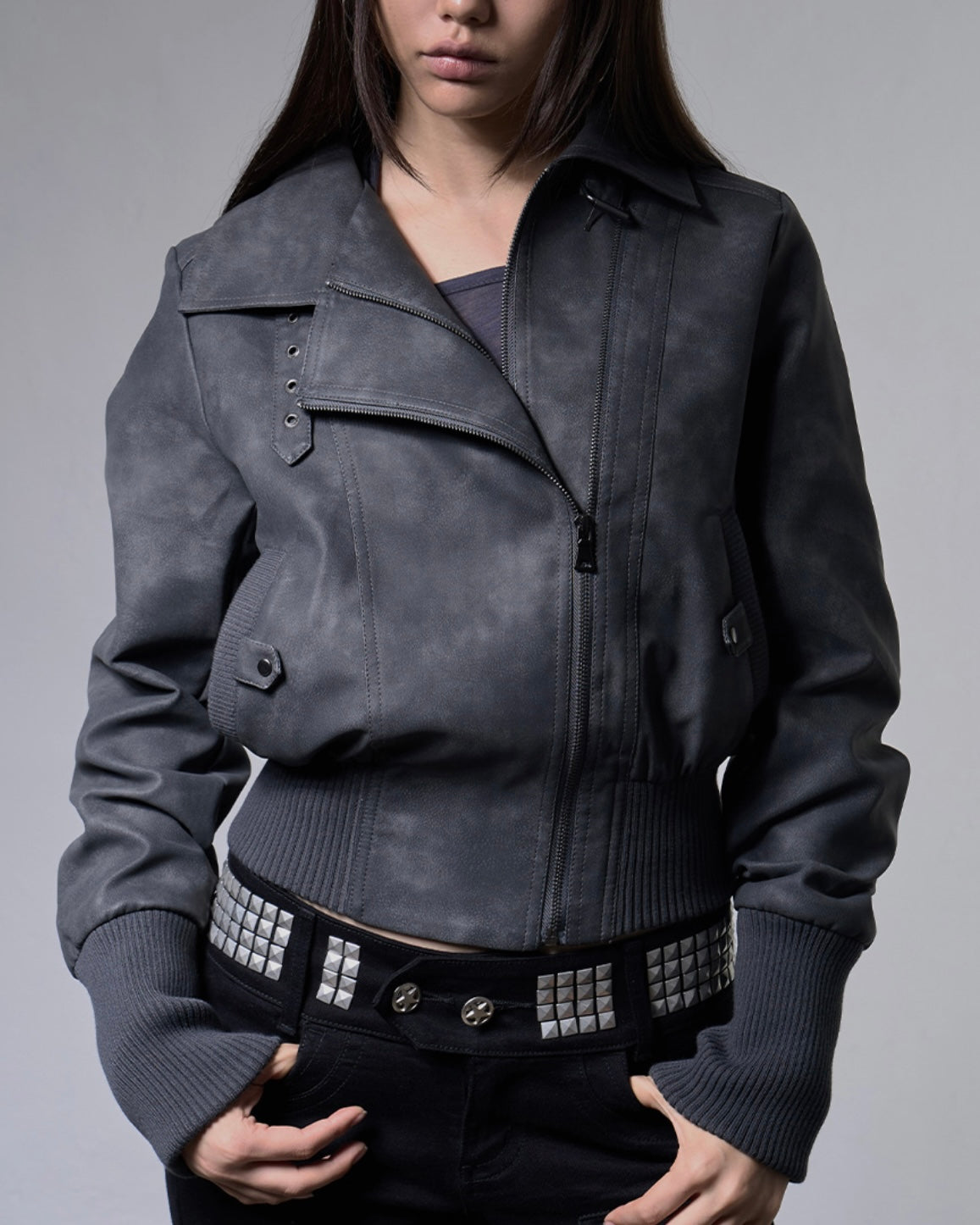 【FANCY CLUB】HIGH-NECK RIBBED LEATHER JACKET