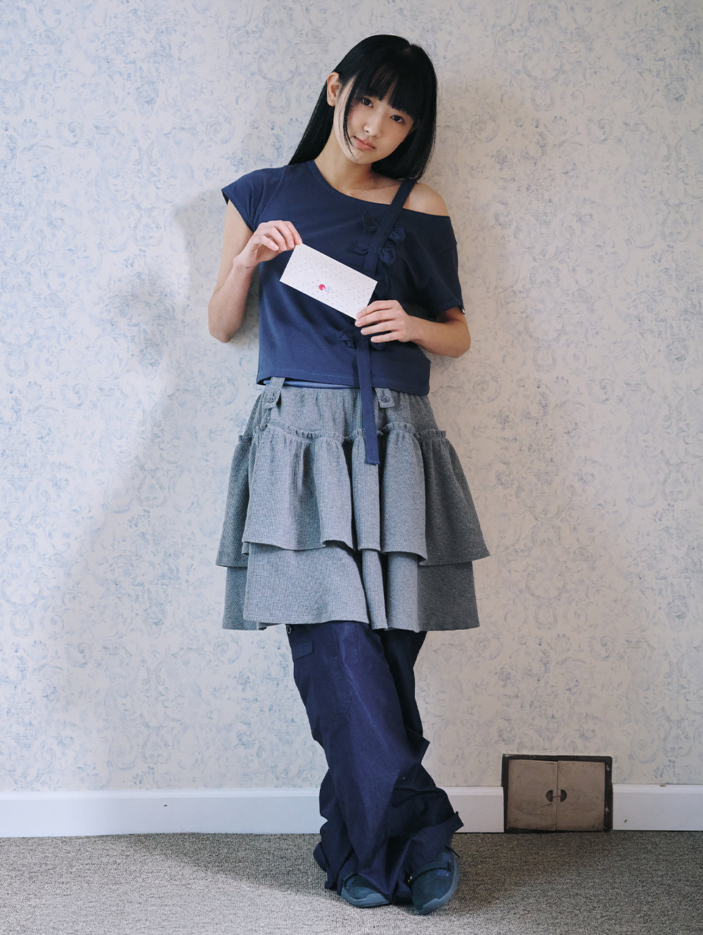 6/8 21:00発売【TUOMIO】RIBBON OFF SHOULDER T-SHIRT