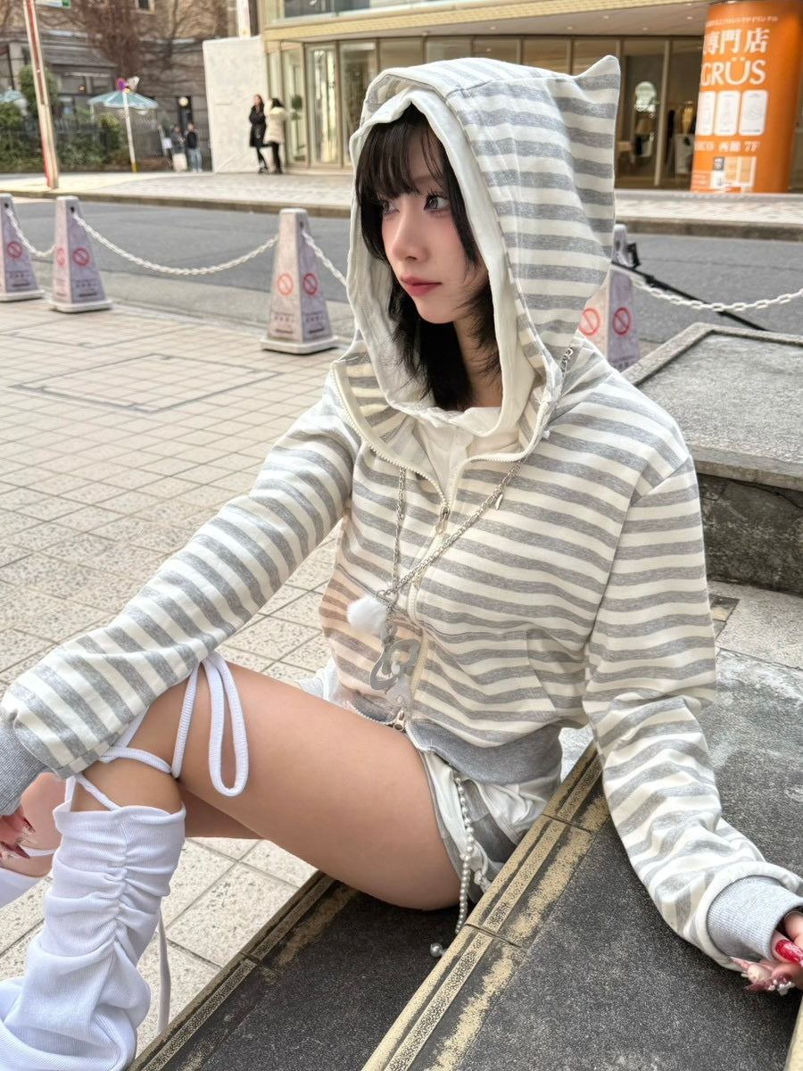 3/1 20:00発売 受注制【nmtc +】border horn zip up hoodie / 【エヌエムティーシープラス】ボーダーホーンジップアップパーカー (2color)