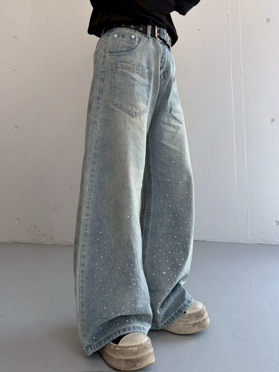 国際配送【LUV CODE】rhinestone wide denim pants (2color)