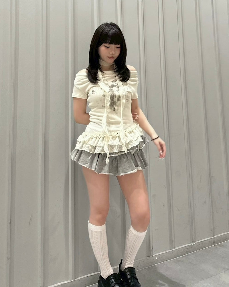 受注制【nmtc+】Drape Neck Frill Tee Scarf Set (3color)