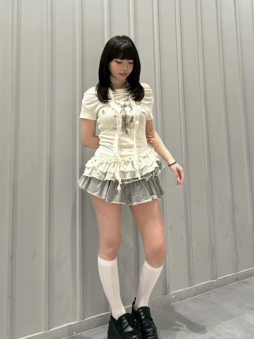 【nmtc+】Drape Neck Frill Tee Scarf Set (3color)