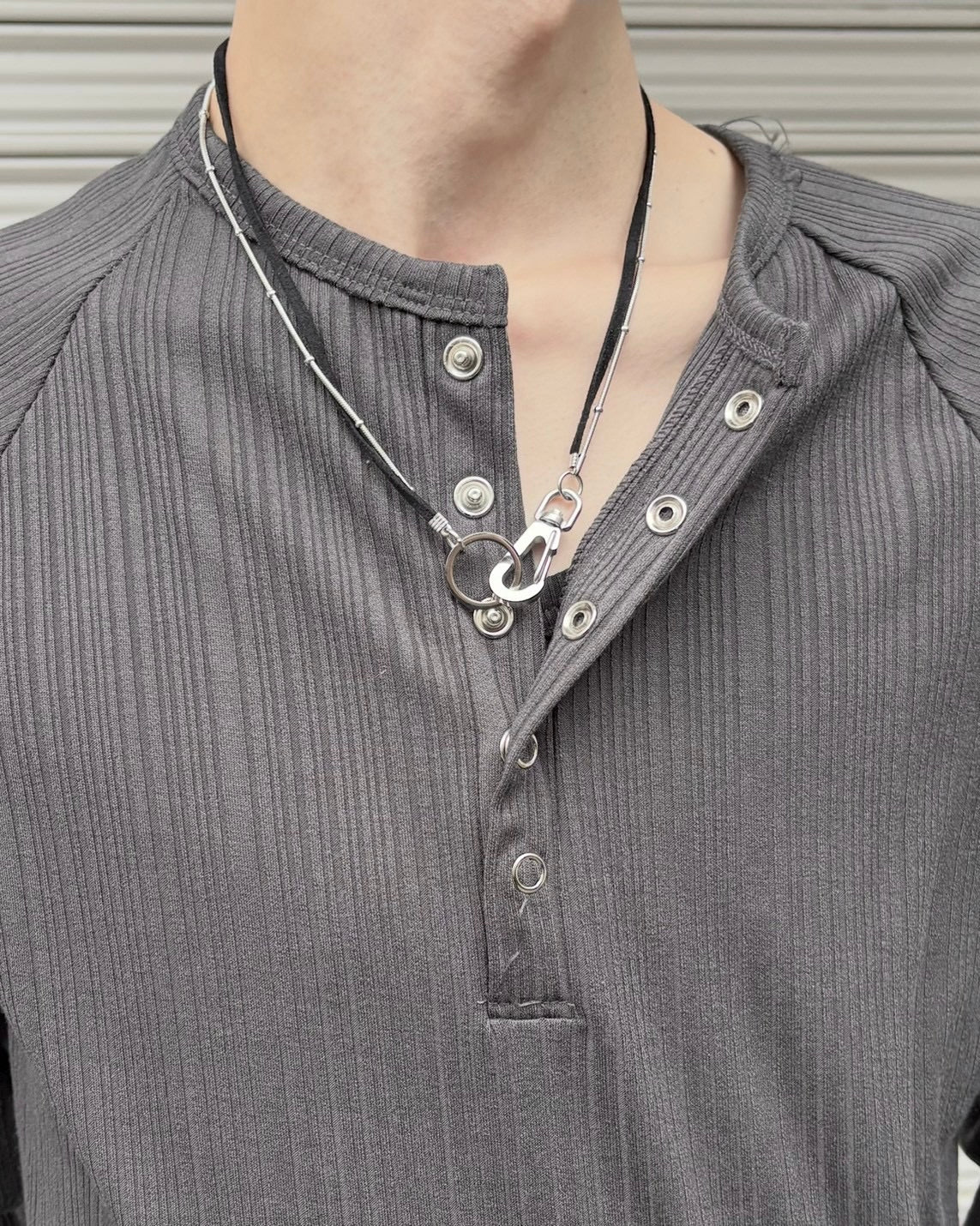 受注制【nmtc+】Snap henley neck ribbed slim top (4color)