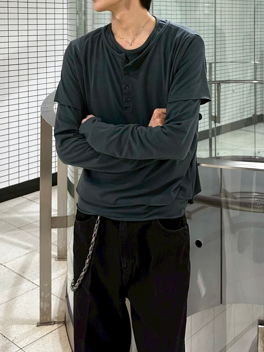 大阪店WEB限定受注制【Chikashitsu +】double layer henry long sleeve (3color)