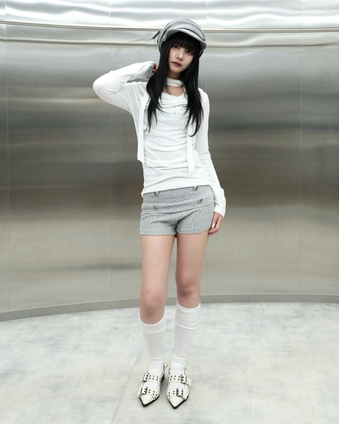受注制【Never mind the XU】Draped ruched tie set top (4color)