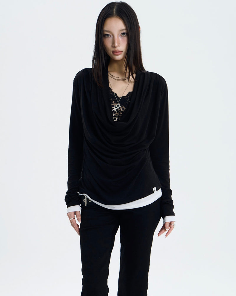 【NOT KNOWING】Deep Cowl Layered Top