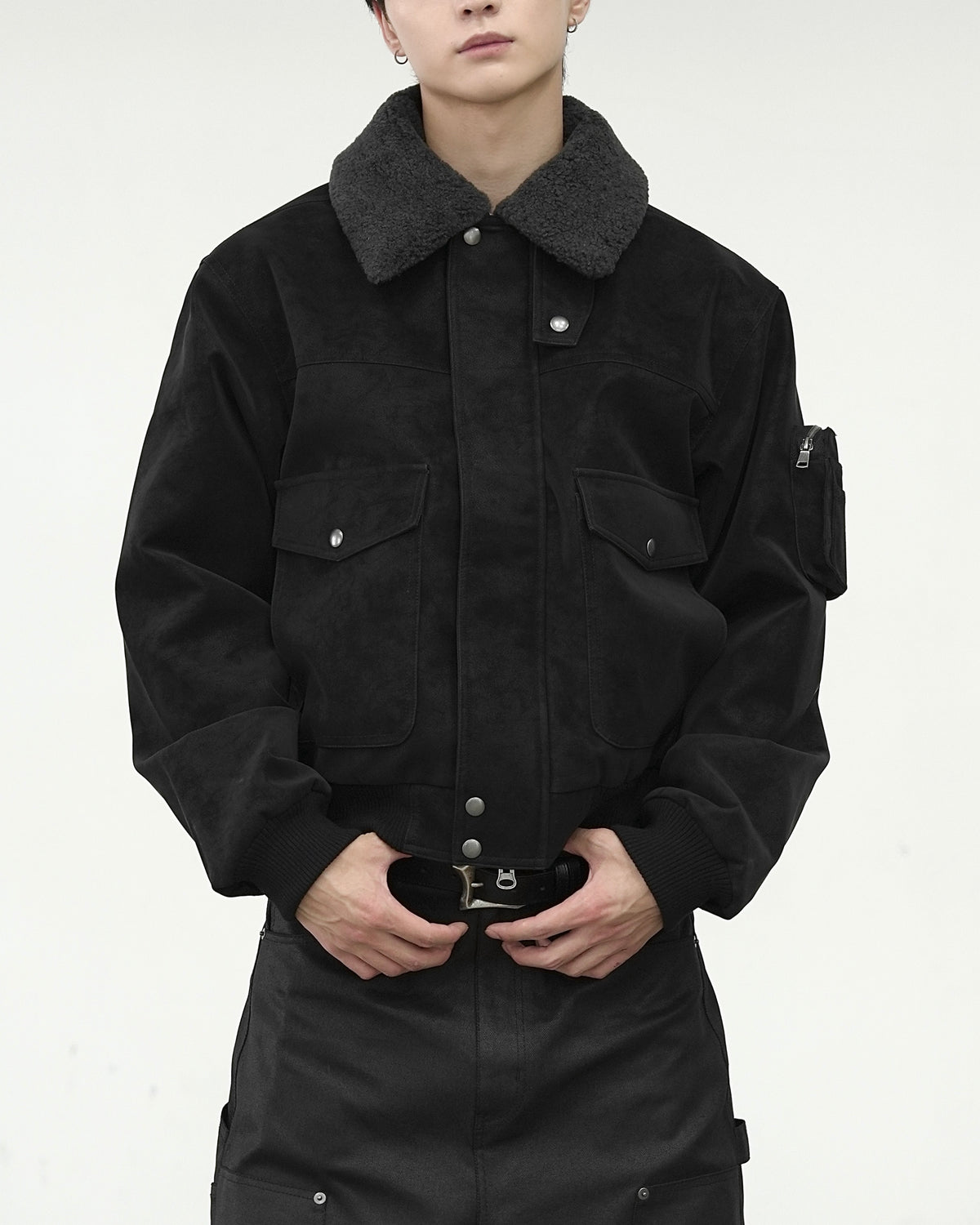 【CHIKASHITSU PLUS HIGH】Boa collar faux leather flight jacket