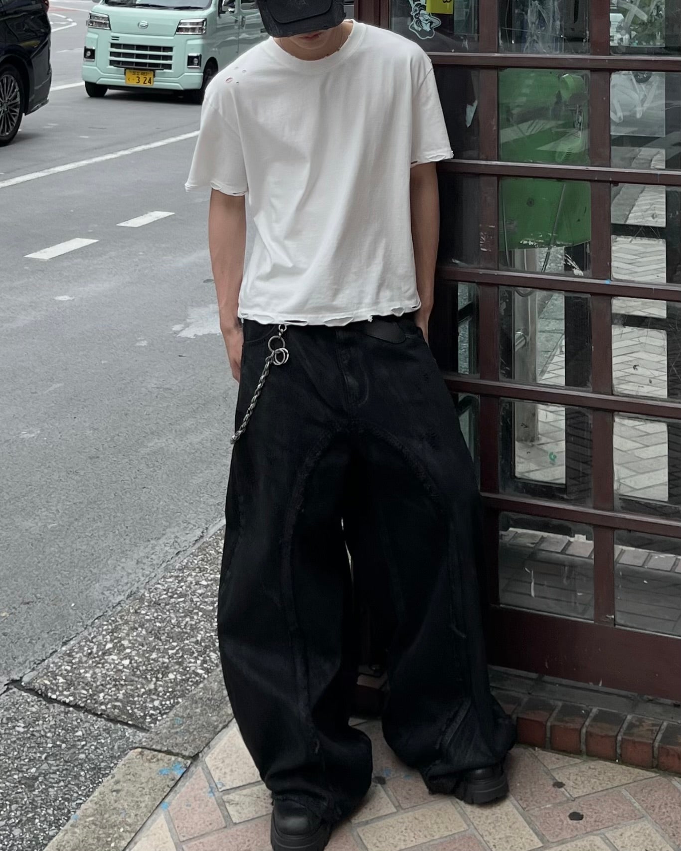 大阪店WEB限定受注制【Chikashitsu +】grunge damage crop t-shirt (3color)