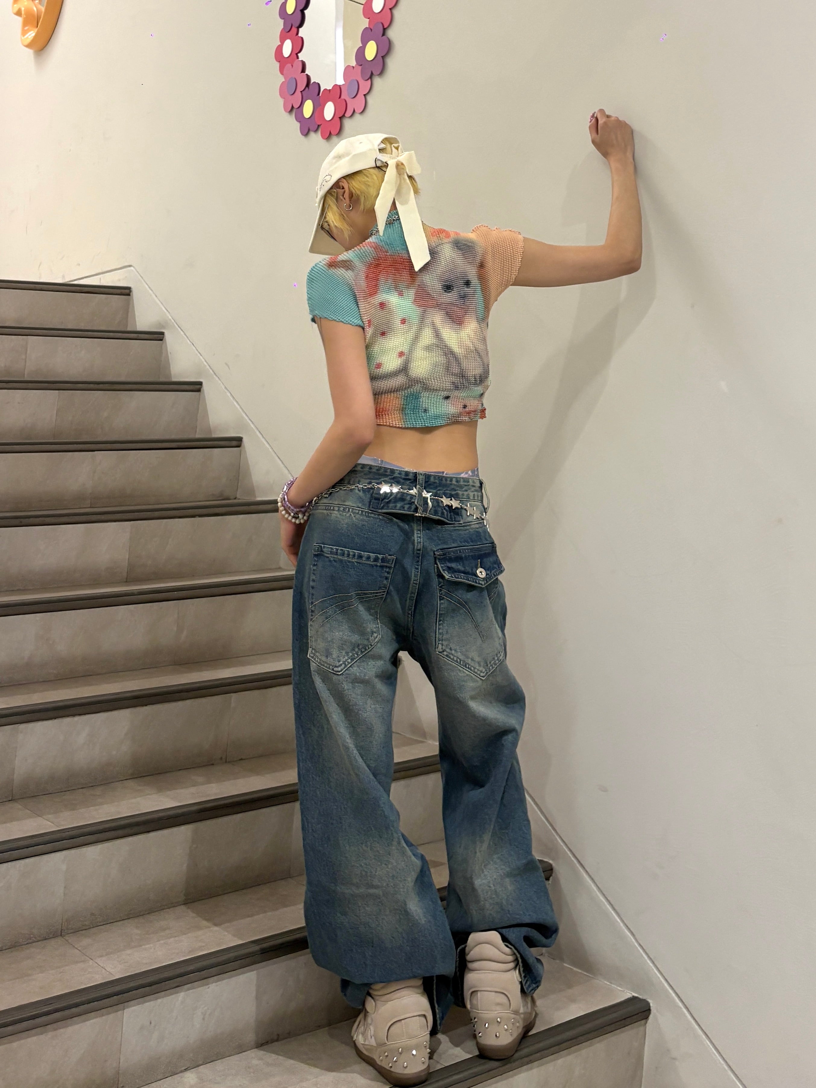 国際配送【Never mind the XU】popcorn shirring baby tee cat