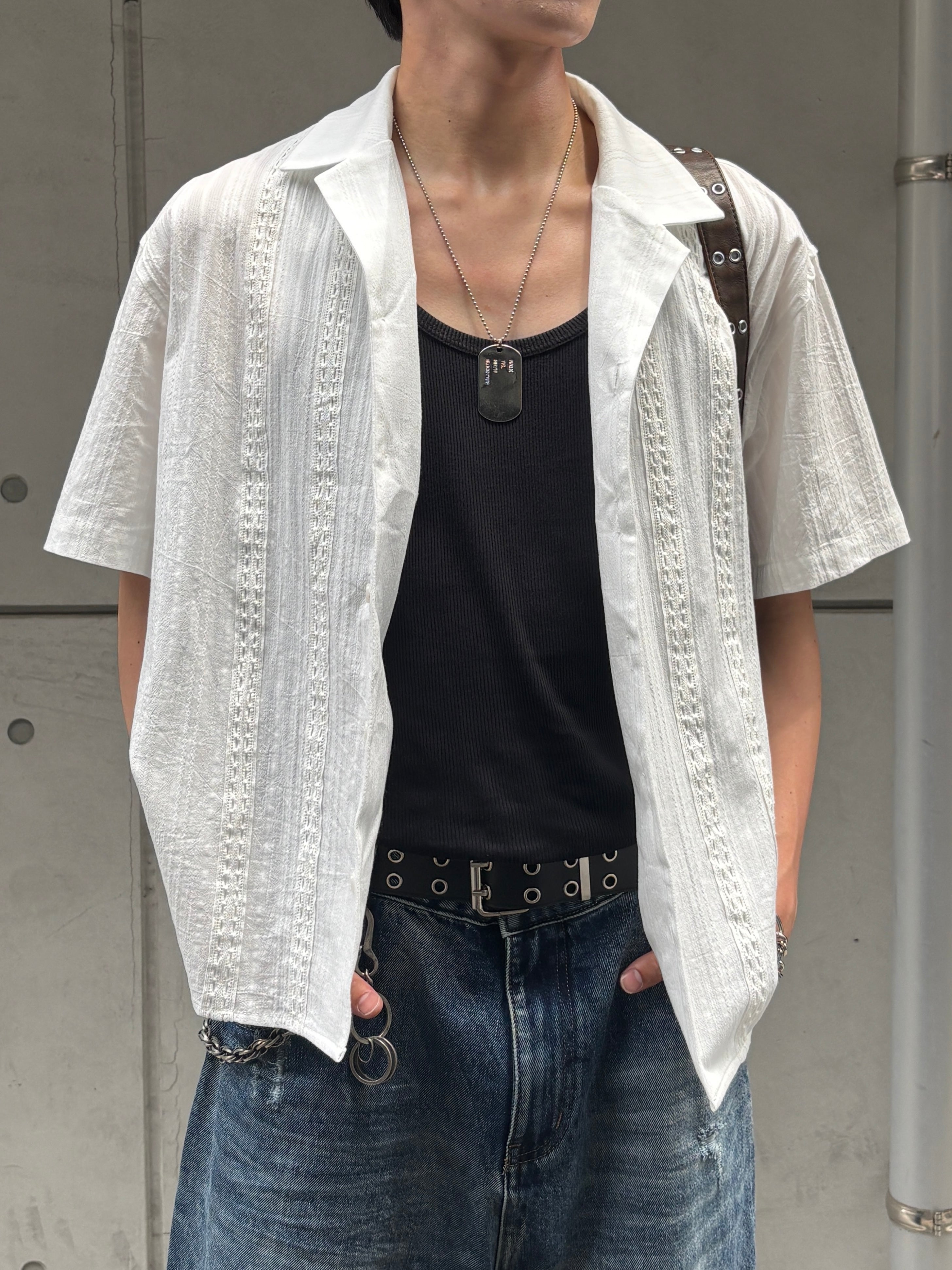 大阪店WEB限定受注制【Chikashitsu +】perforated open collar shirt (2color)