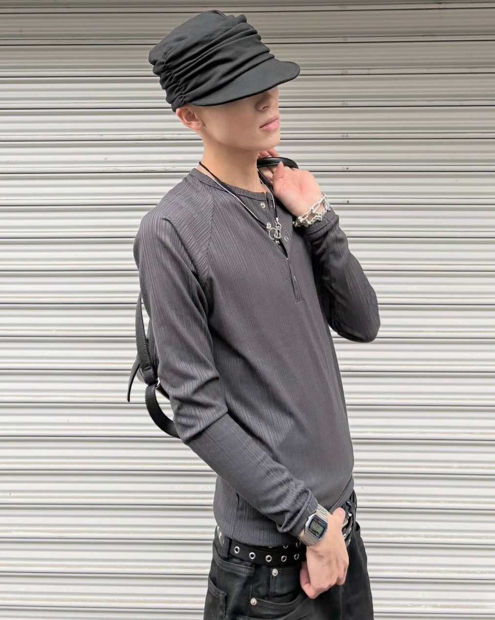 受注制【nmtc+】Snap henley neck ribbed slim top (4color)