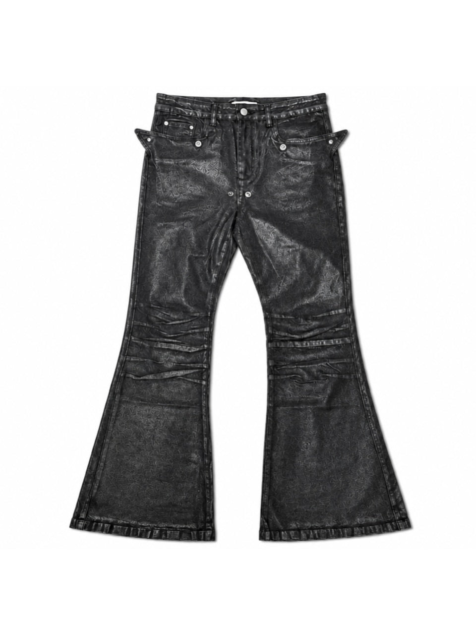 国際配送【Never mind the XU】coating black bell bottom flare pants