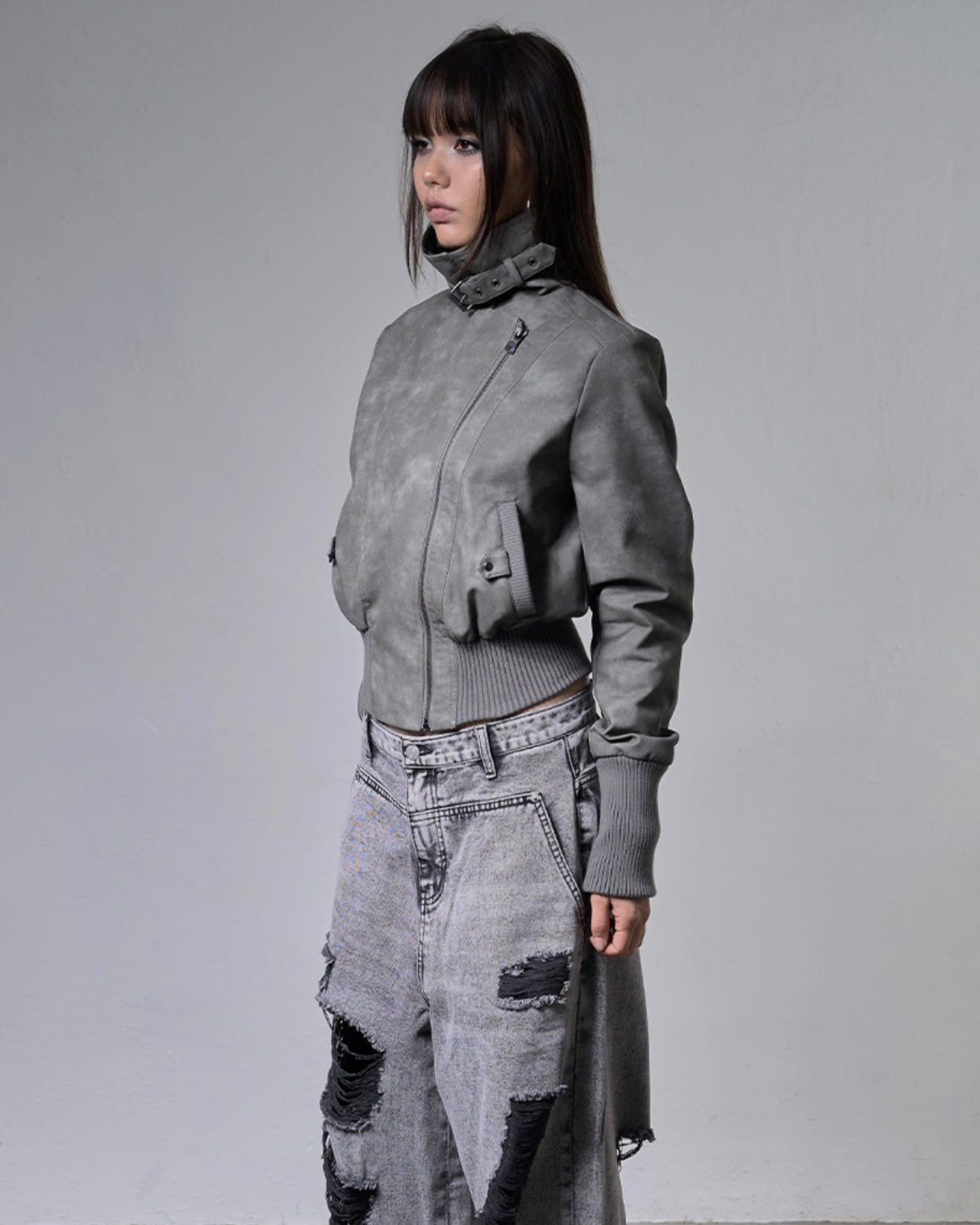 【FANCY CLUB】HIGH-NECK RIBBED LEATHER JACKET
