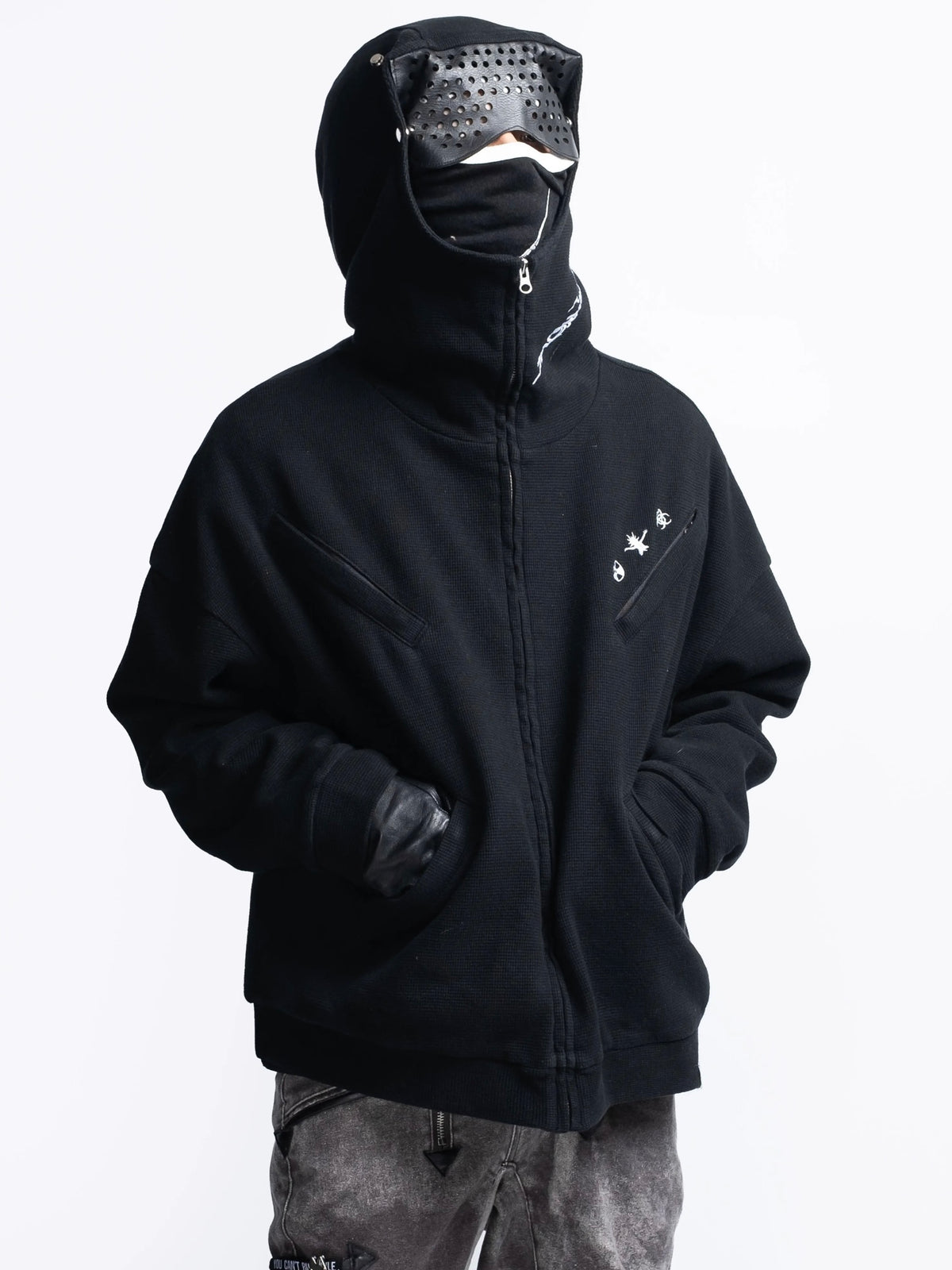 【F.V.V.O】Waffle Embroidered Mask Oversized Zip Hoodie