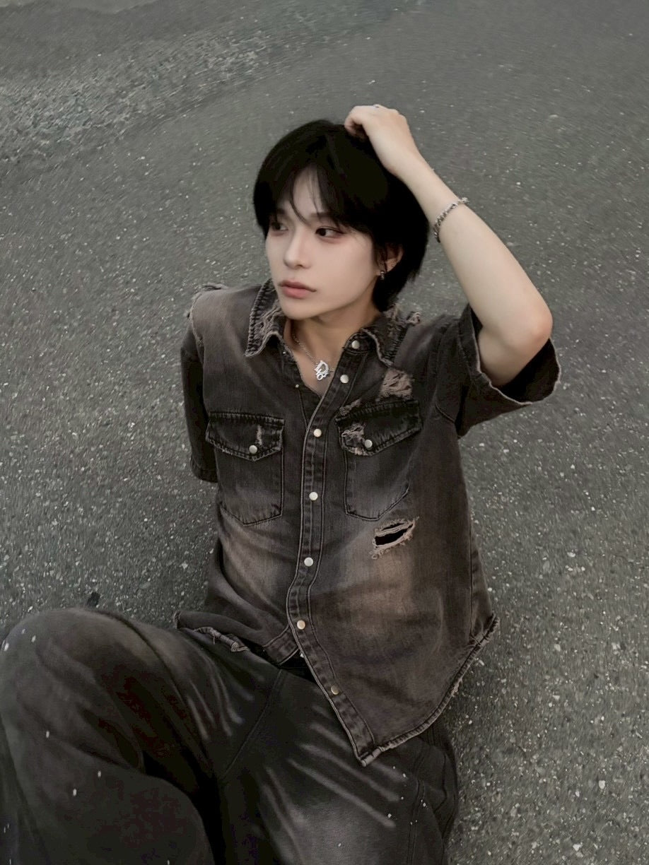 受注制【LUV CODE】damage denim shirt