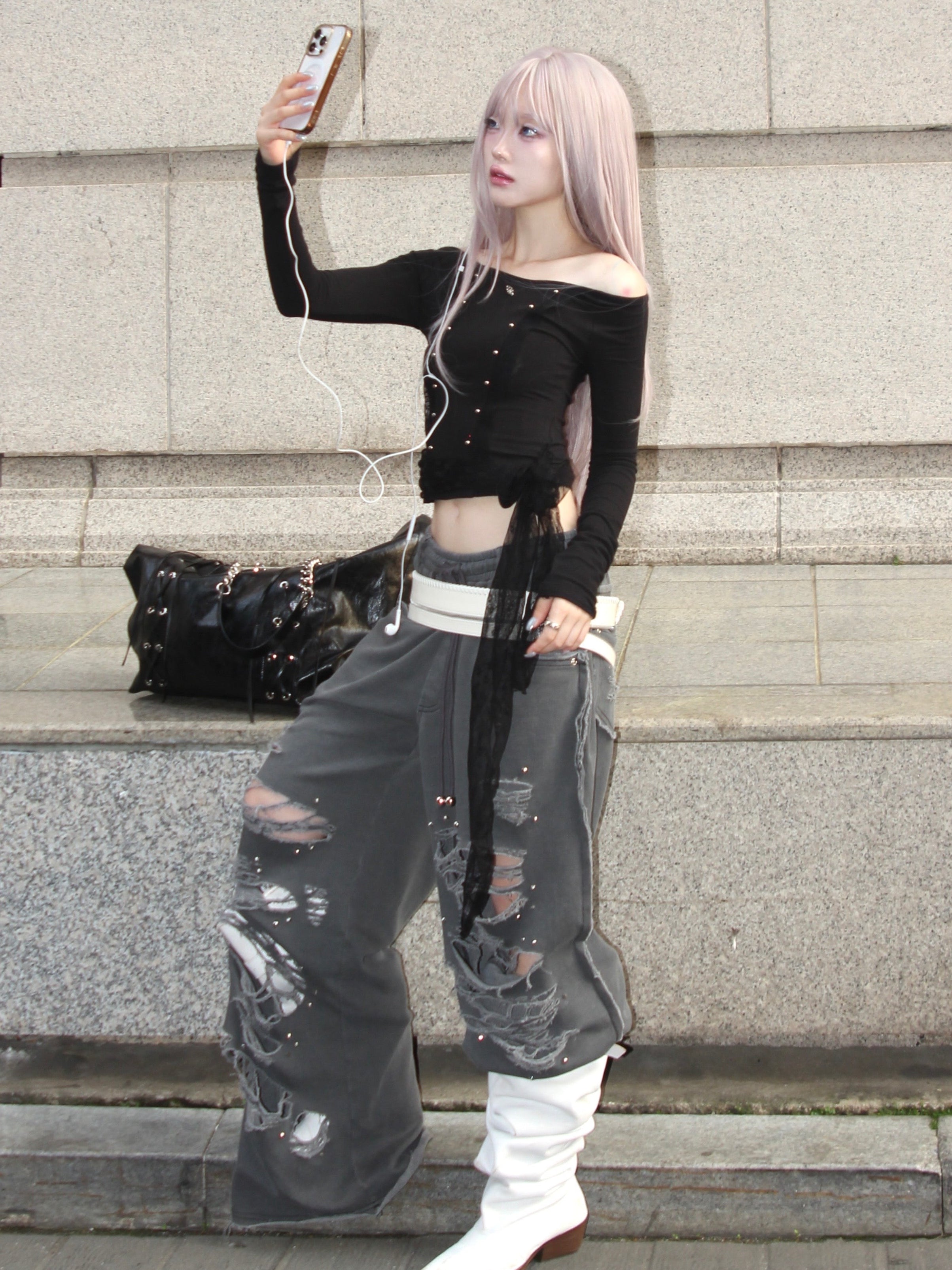 【CHERRYQUIRI】damage stud jogger pt