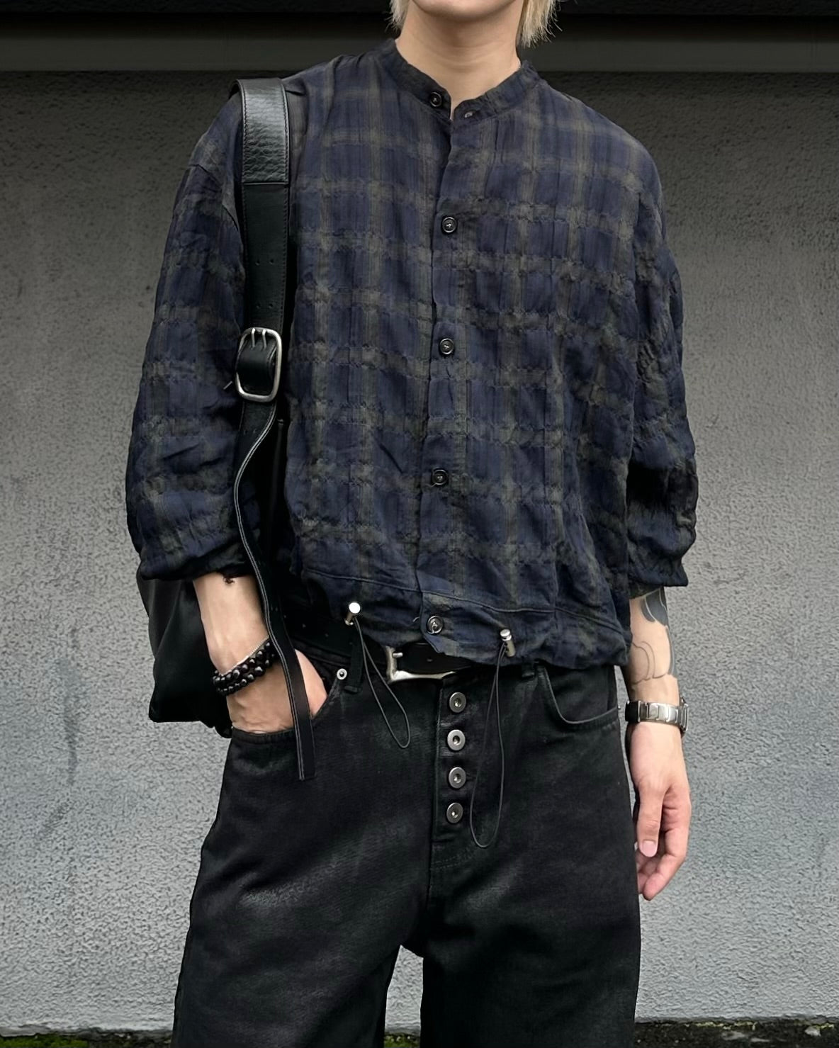 大阪店WEB限定受注制【Chikashitsu +】drawstring soft check shirt (2color)