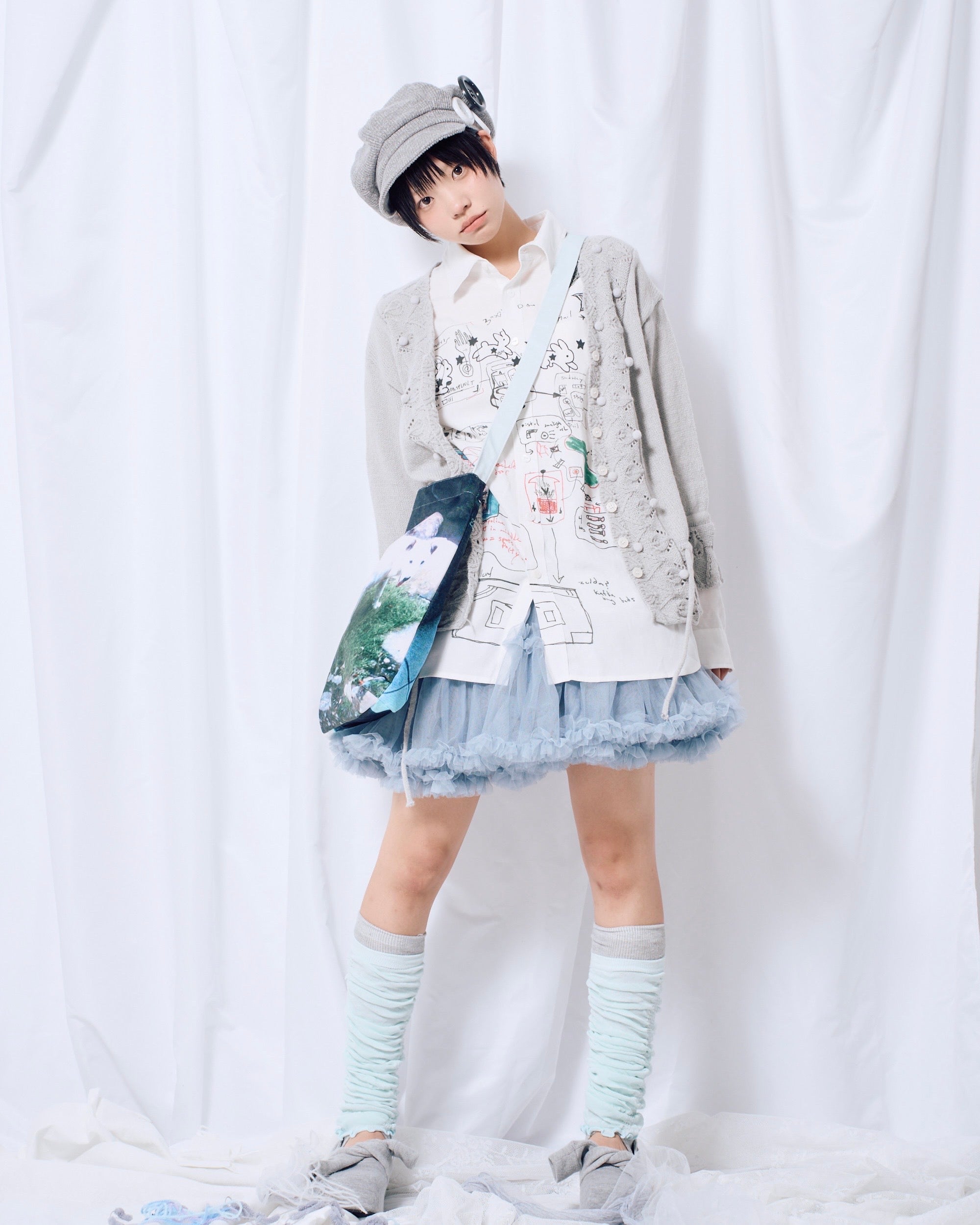 9/18 20:00 発売 国際配送【Nerd out XU】Cozy Vintage Gray Bubble Knit cardigan