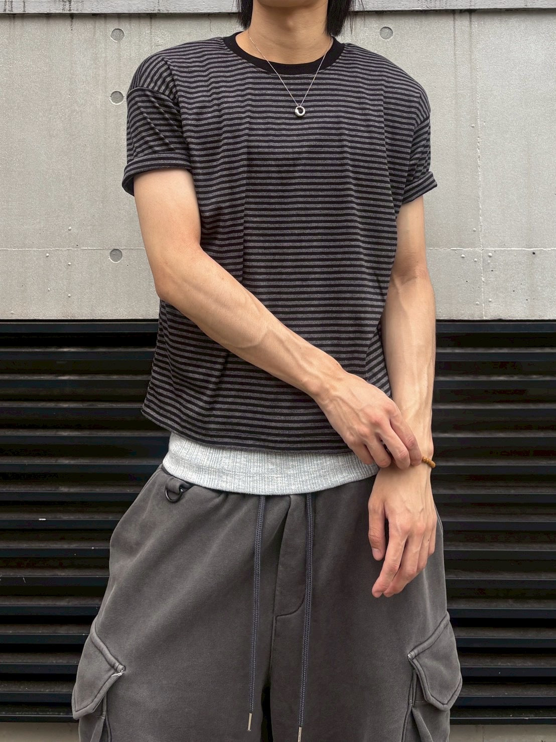 7/4 20:00発売 受注制【nmtc +】Stripe Contrast Semi Crop Tee (2color)