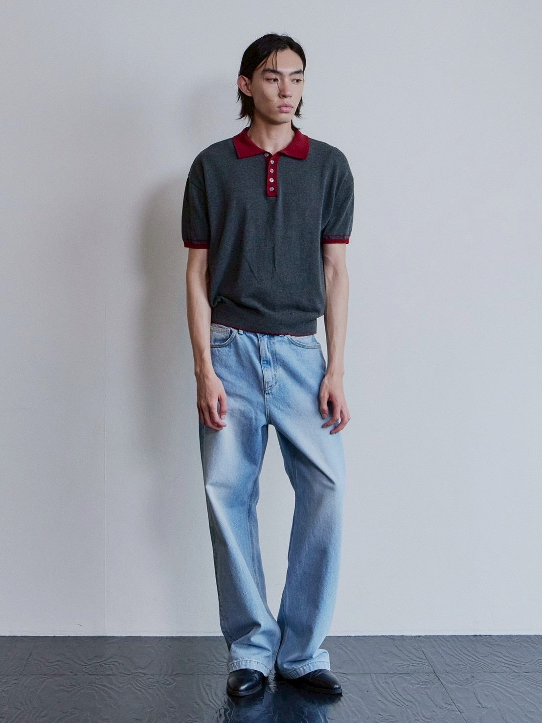 【Waviness】Accent Collar Polo Knit