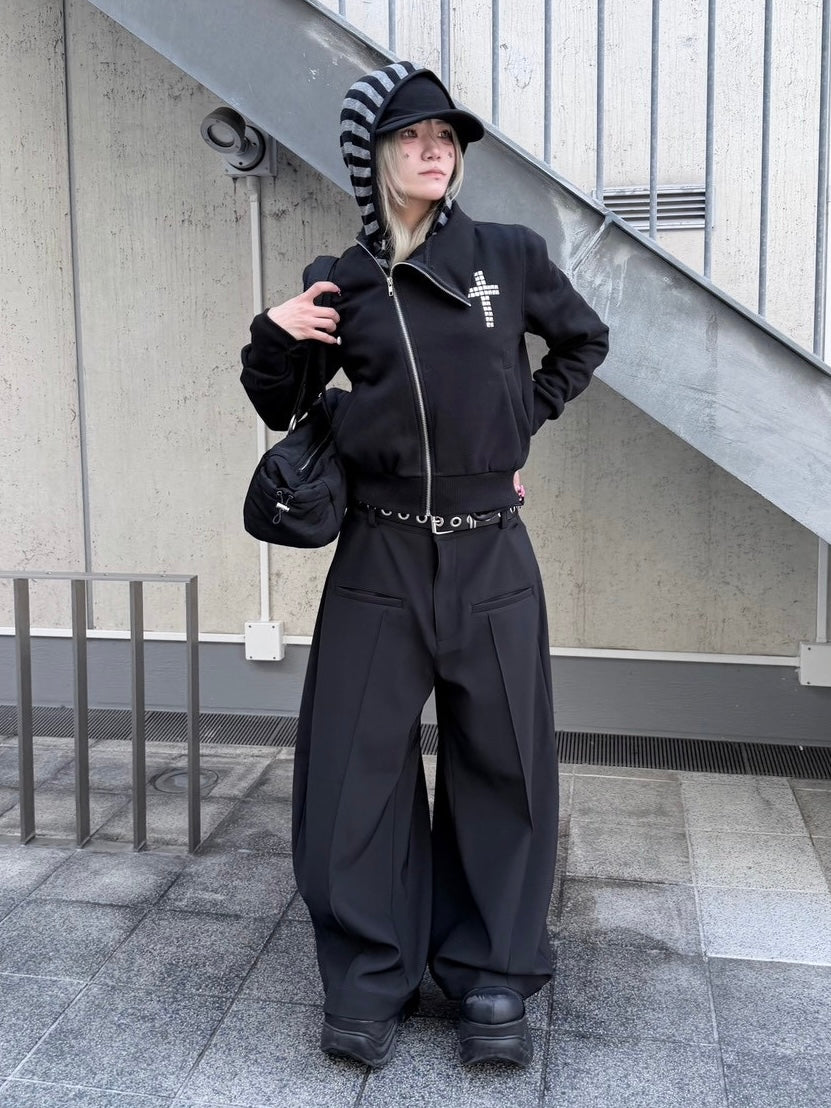 3/1 20:00発売 受注制【nmtc +】cross design diagonal zip up sweat / 【エヌエムティーシープラス】クロスデザインダイアゴナルジップアップスウェット (2color)