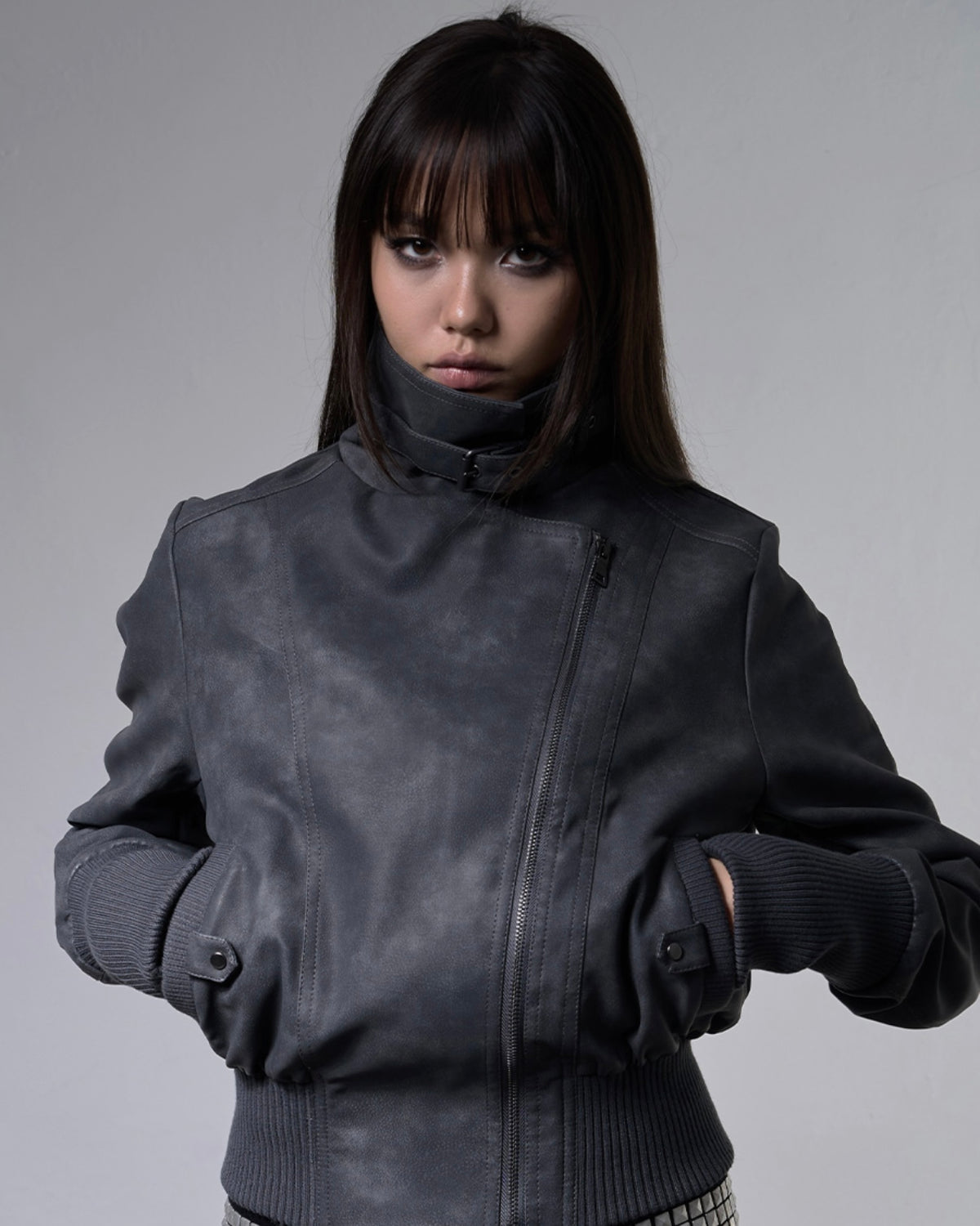 【FANCY CLUB】HIGH-NECK RIBBED LEATHER JACKET