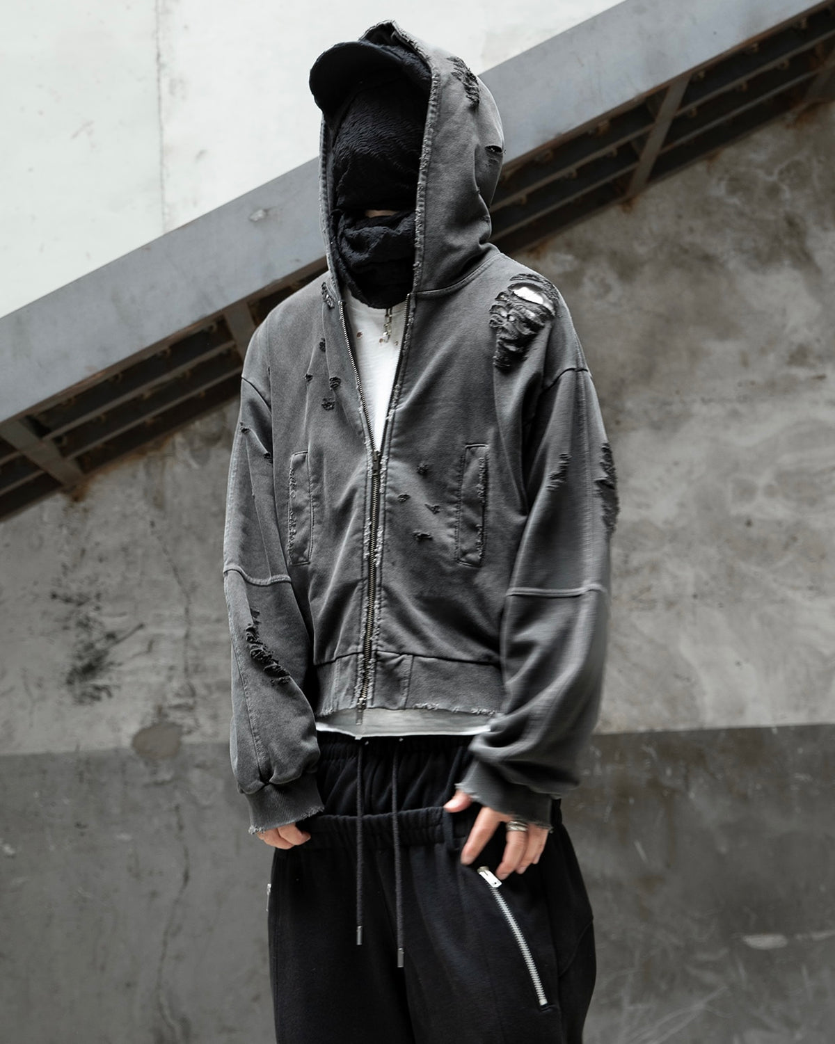 【roaringrad】Damage Crop Hoodie Jacket