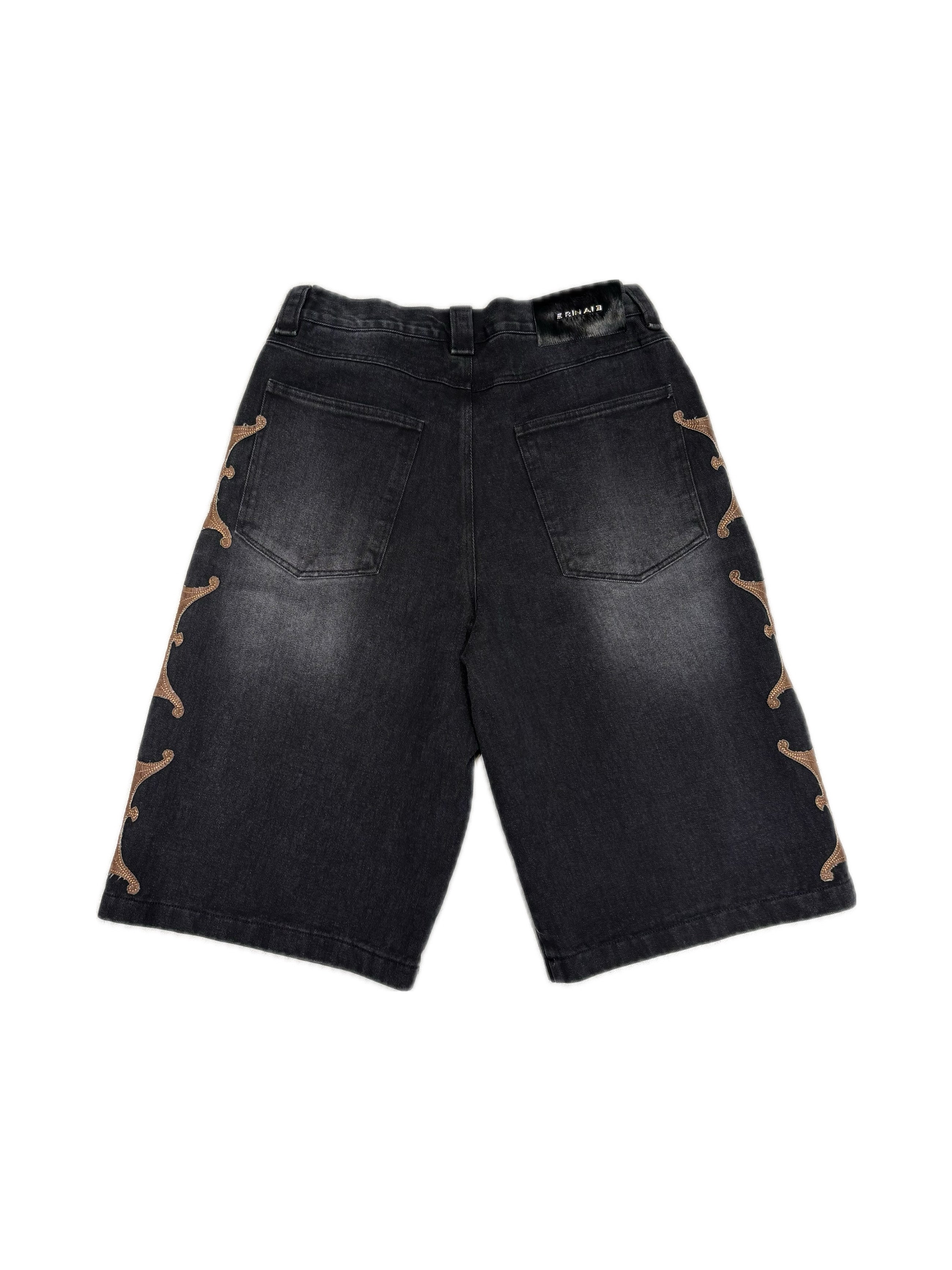 【E RIN AI E】WHISKER LEATHER EMBRO E DENIM BERMUDA PANTS