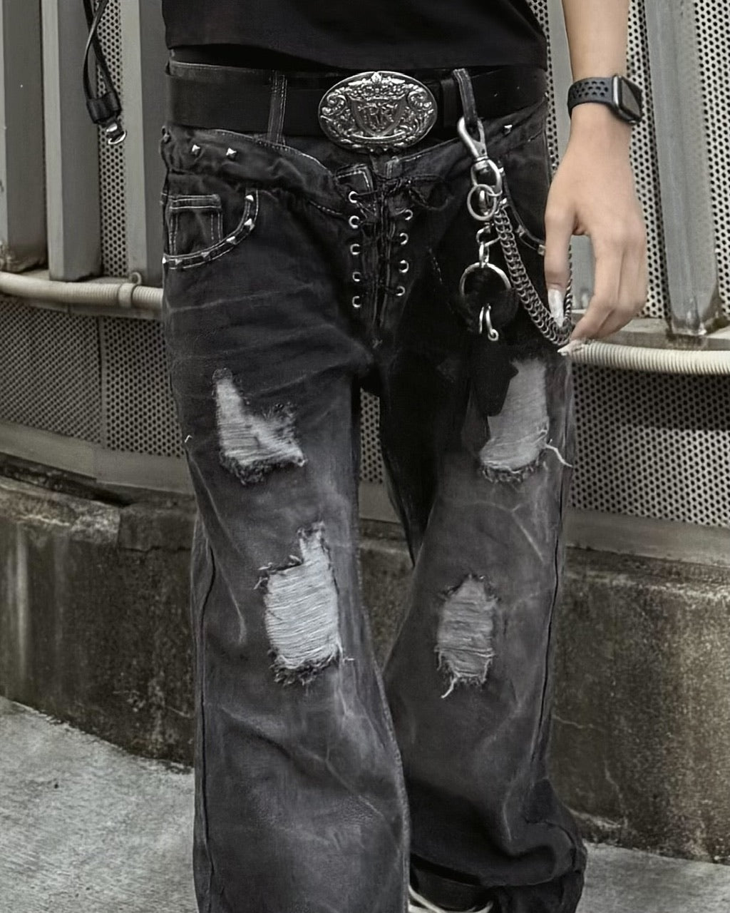 国際配送【Never mind the XU】Double waist  laceup flare denim pants