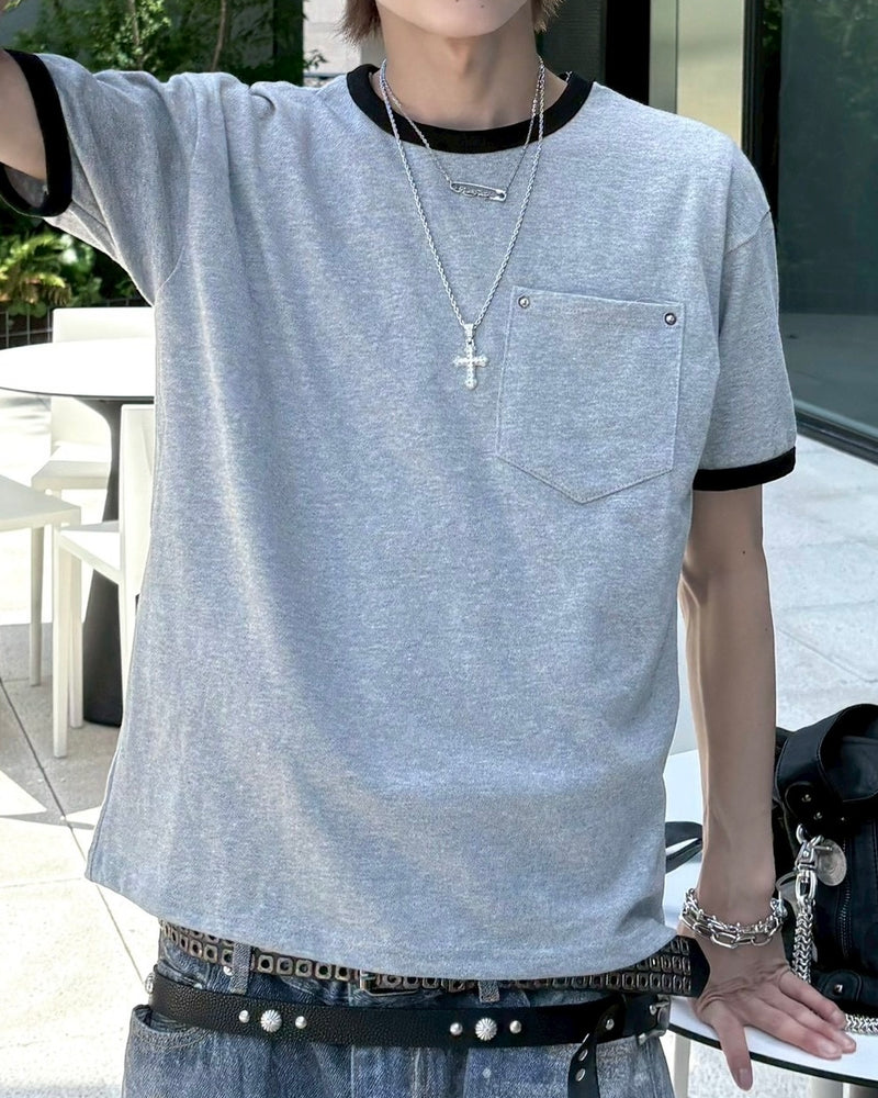 受注制【nmtc+】Washed Rivet Pocket Crop Slim Fit Tee (2color)