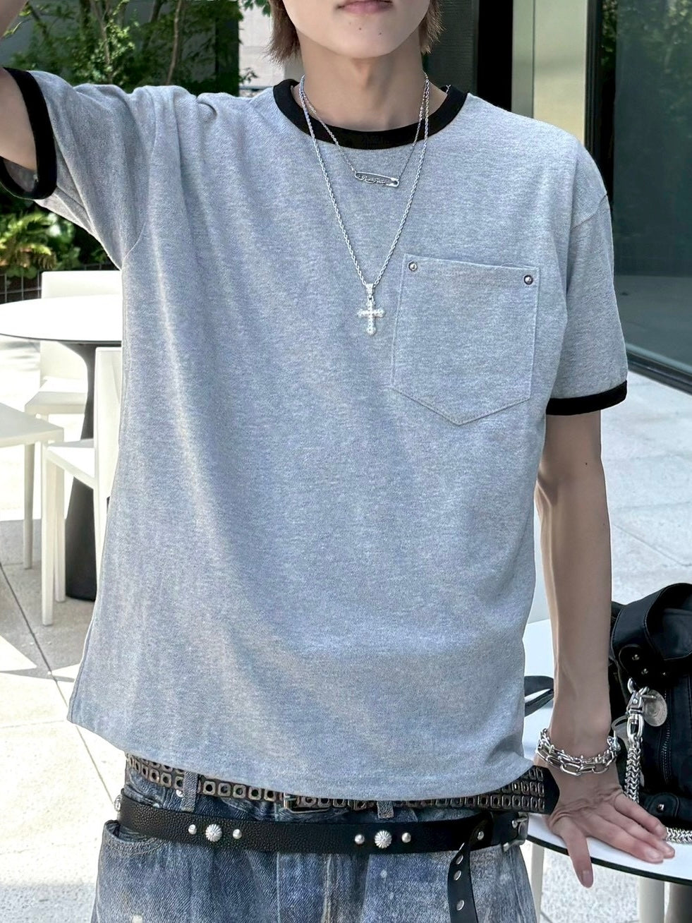 7/4 20:00発売 受注制【nmtc+】Washed Rivet Pocket Crop Slim Fit Tee (2color)
