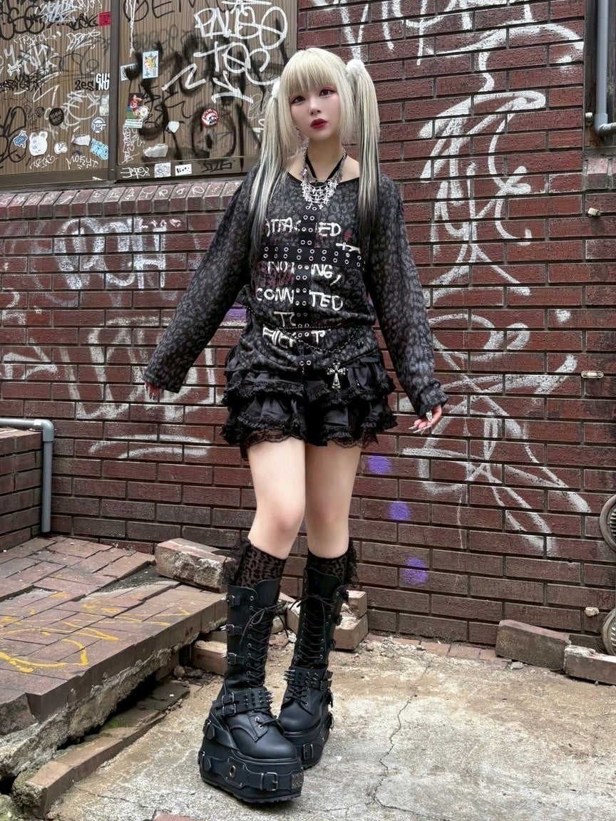 7/11 20:00発売　国際配送【BABY09】leopard off-shoulder punk tops