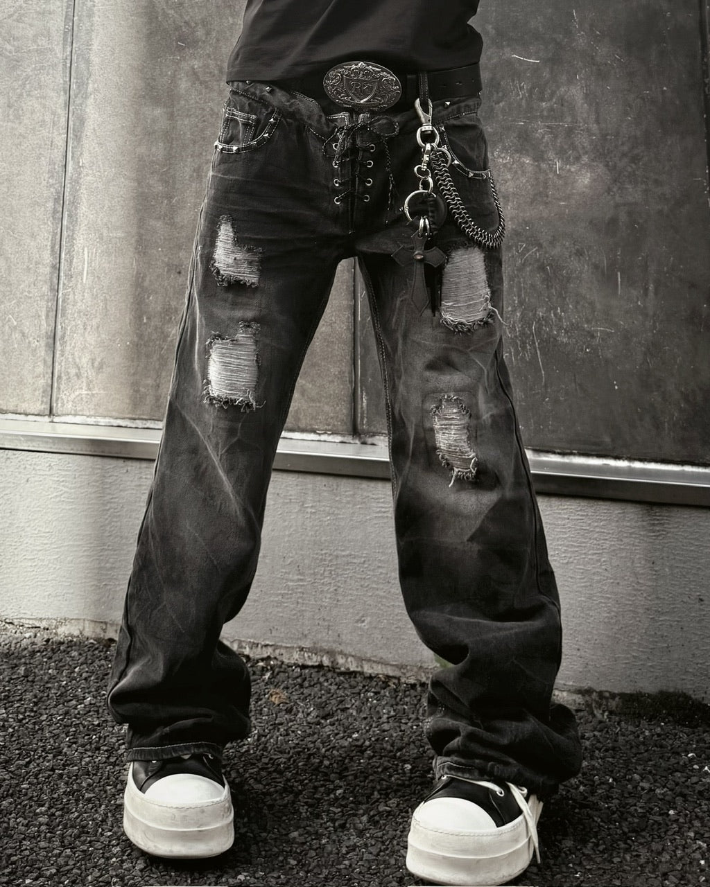 国際配送【Never mind the XU】Double waist  laceup flare denim pants
