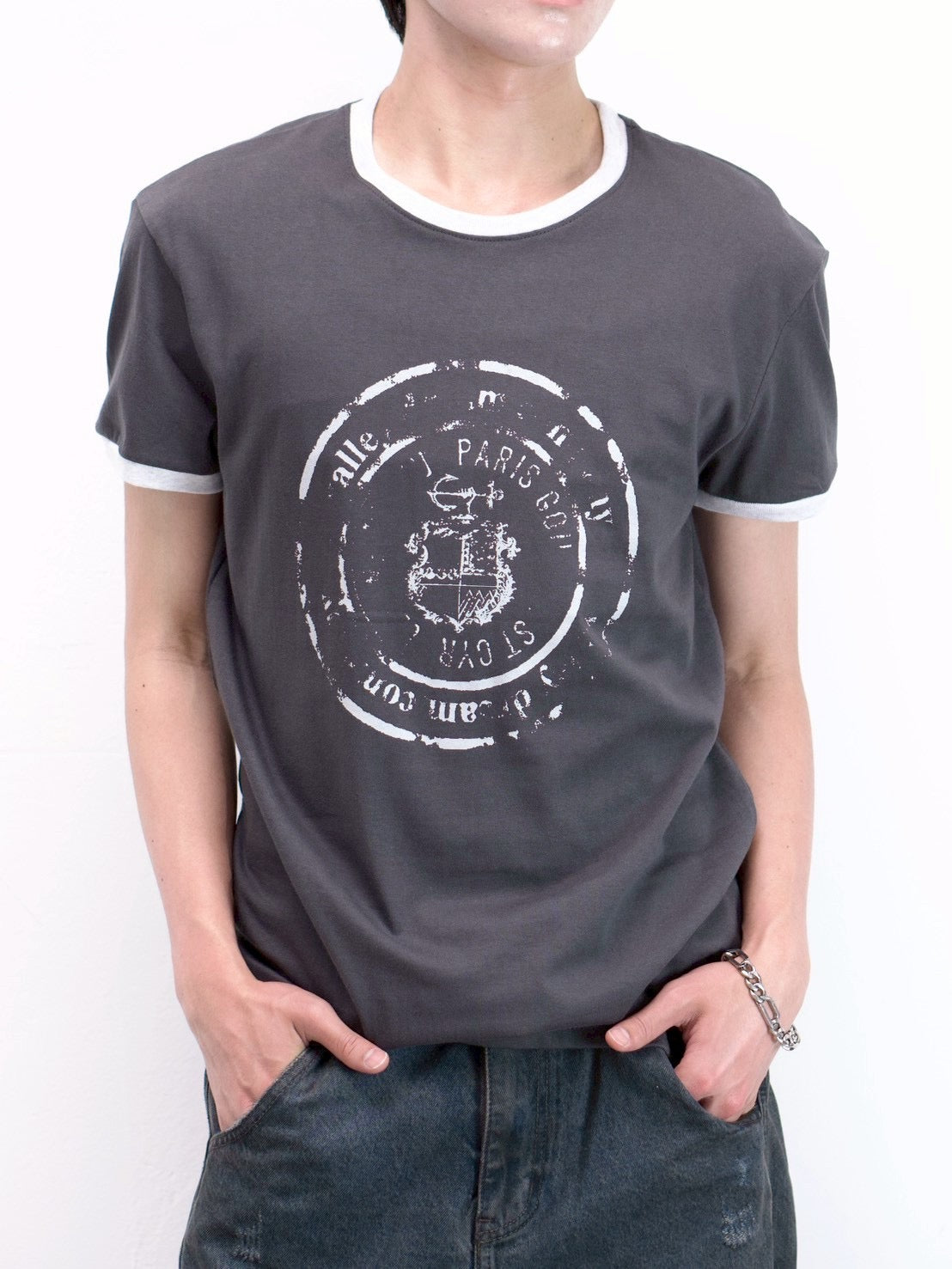 受注制【Chikashitsu +】stamp printing ringer tee (3color)