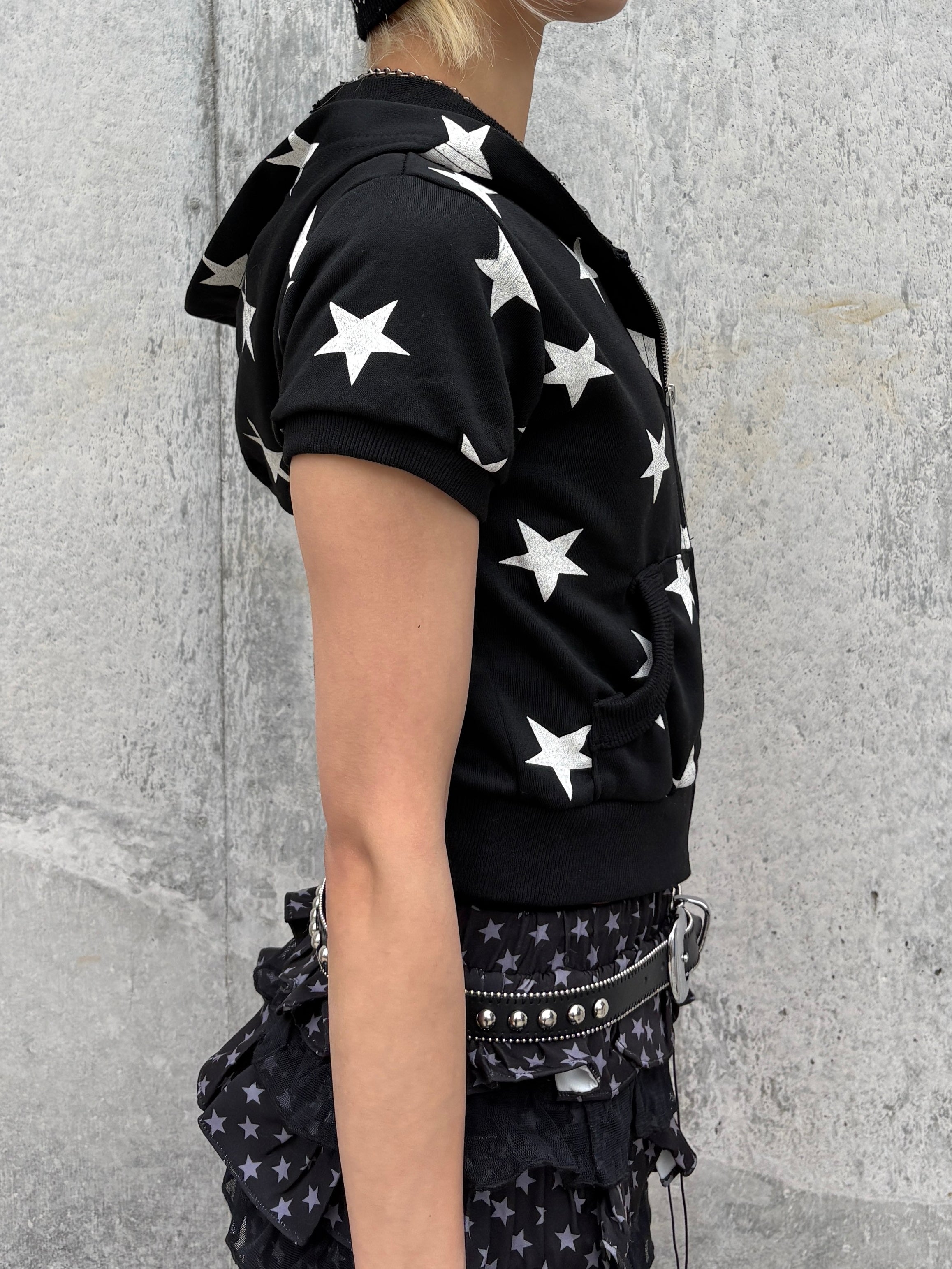 国際配送【Never mind the XU】star short sleeve zip-up hoodie