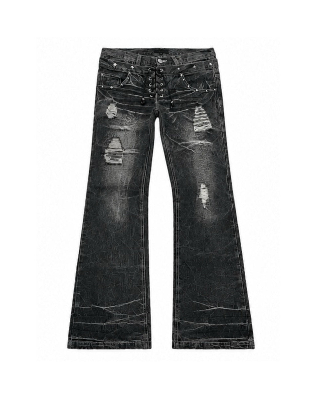 国際配送【Never mind the XU】Double waist  laceup flare denim pants