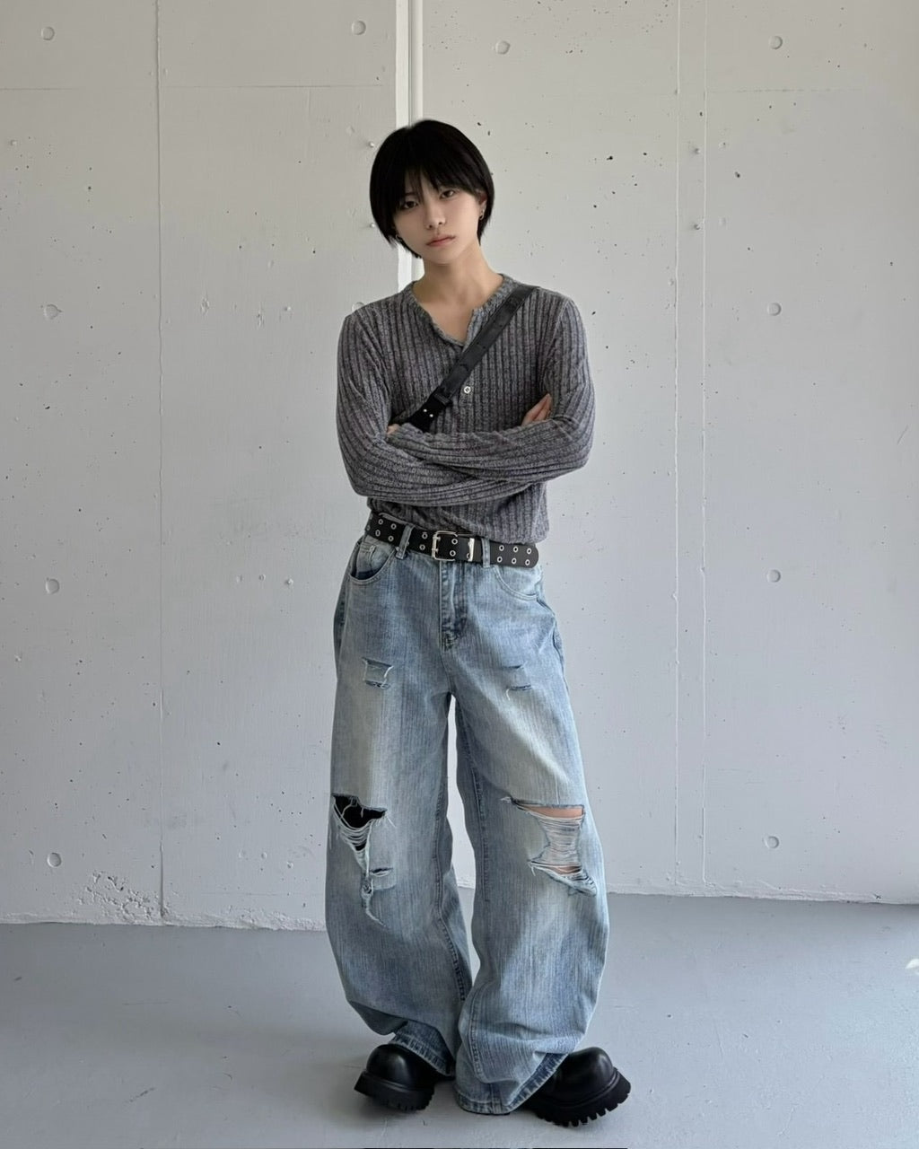国際配送【LUV CODE】vintage ribbed henley long sleeve