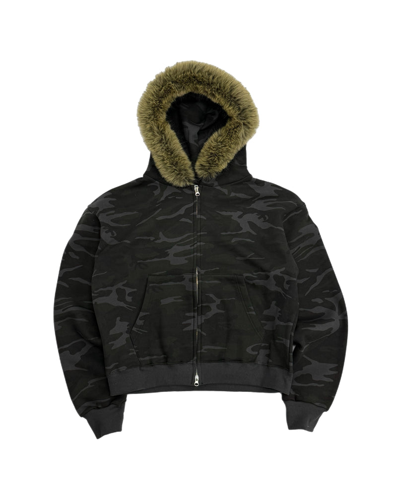 受注制【Chikashitsu +】cropped camouflage fur zip hoodie (2color)