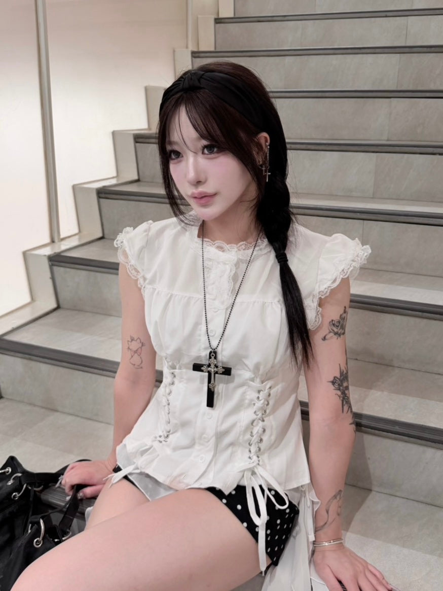 受注制【nmtc+】Eyelet Lace Shirring Crop Blouse