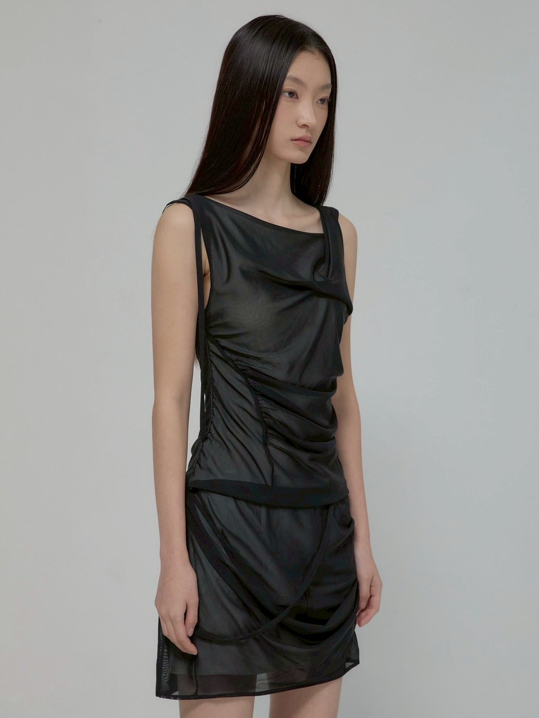 6/22 21:00発売【FLAREUP】Draped Mesh Layered Mini Skirt