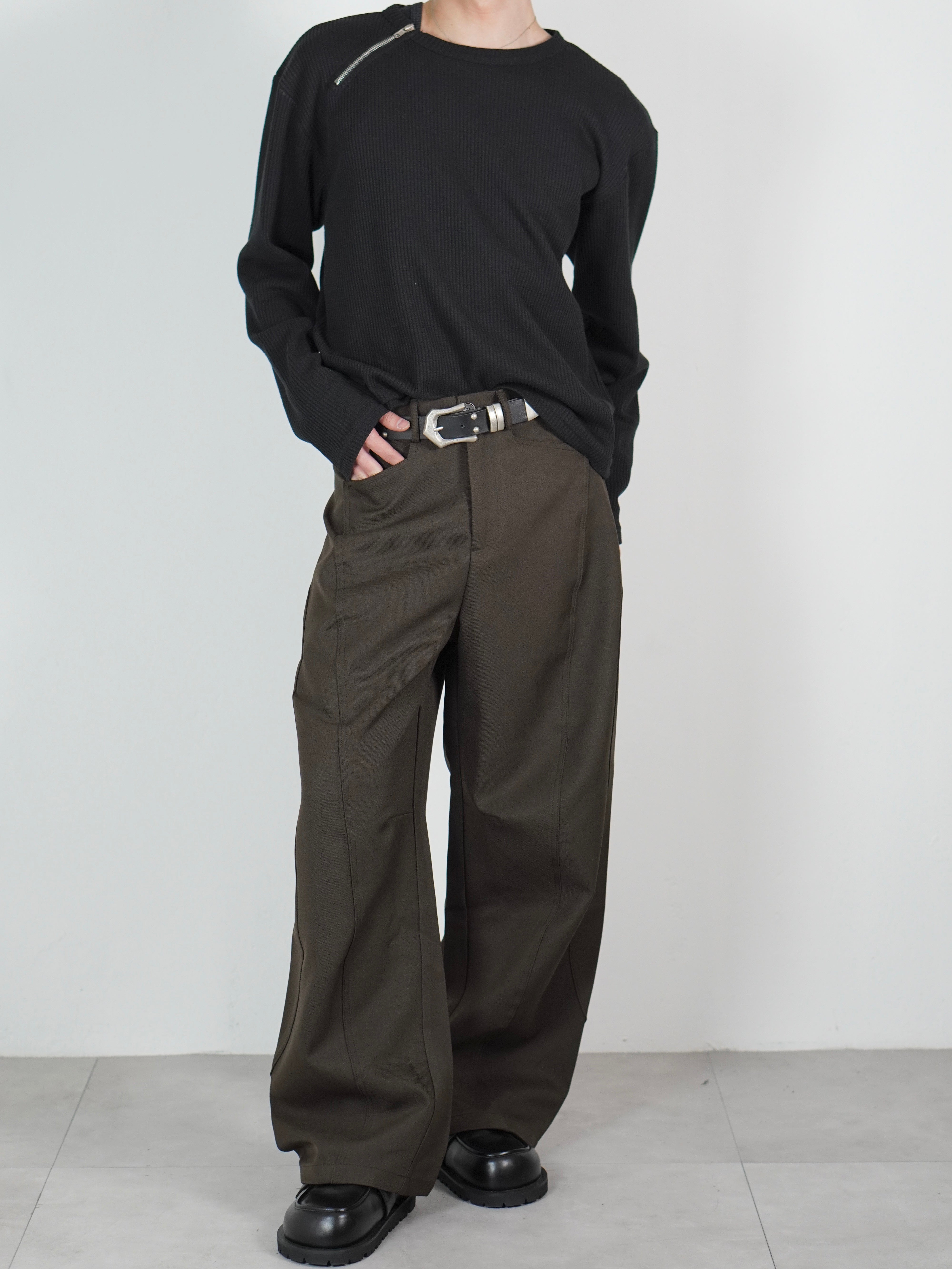 受注制【Chikashitsu +】Curve line wide pants (3color)
