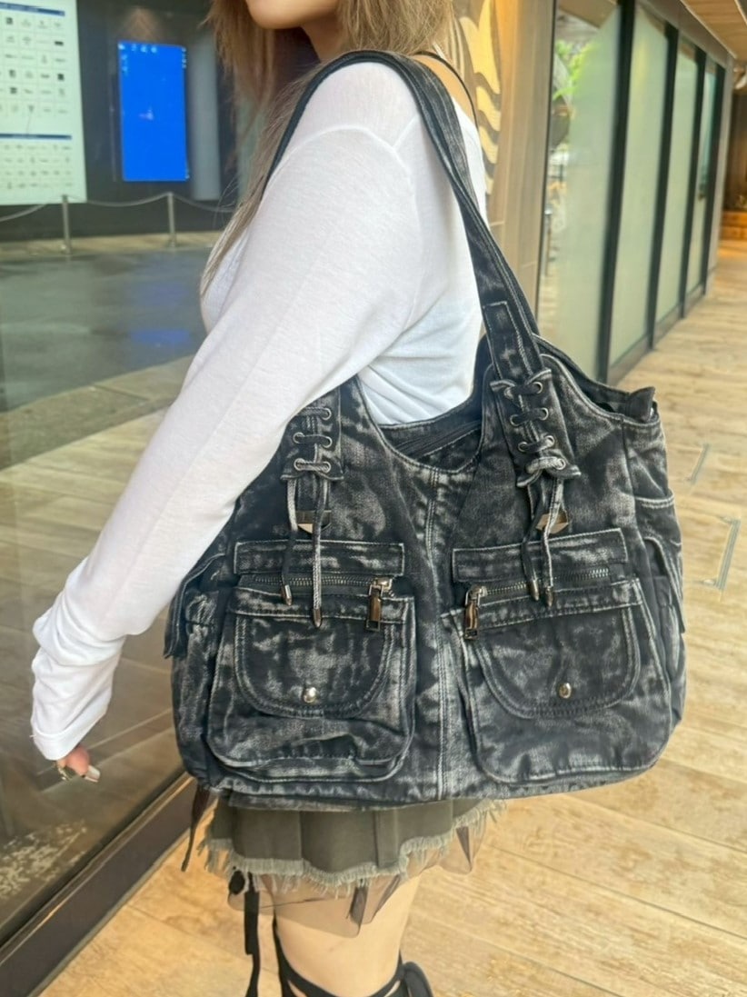 国際配送【Never mind the XU】2way denim bag (2color) / 【ネバーマインドザエックスユー】ツーウェイデニムショルダーバッグハンドバッグ