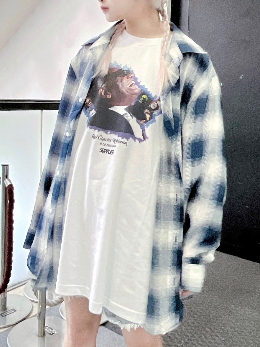 受注制【Never mind the XU】chiffon check shirt (2color) / 【ネバーマインドザエックスユー】シフォンチェック長袖シャツ