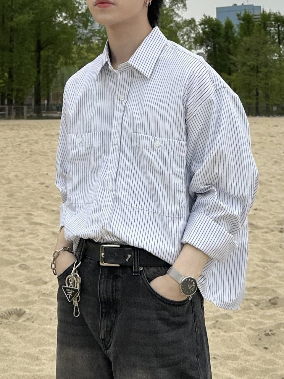 大阪店WEB限定受注制【Chikashitsu +】cropped stripe shirts (2color