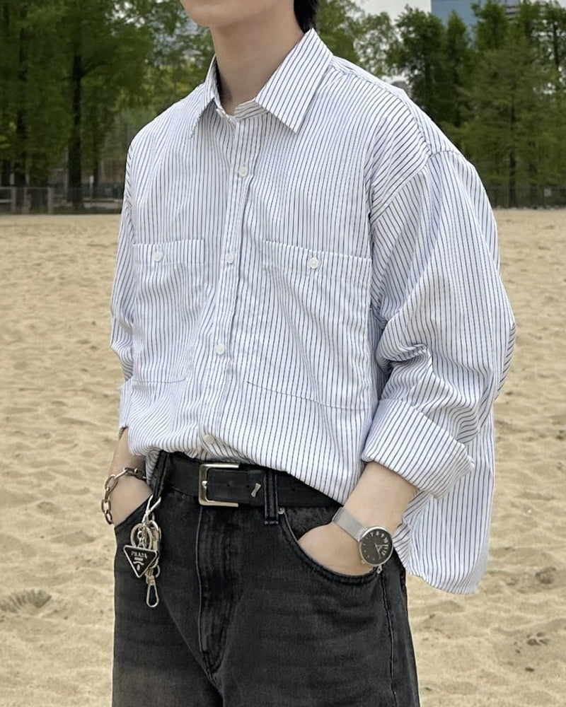 大阪店WEB限定受注制【Chikashitsu +】cropped stripe shirts (2color)