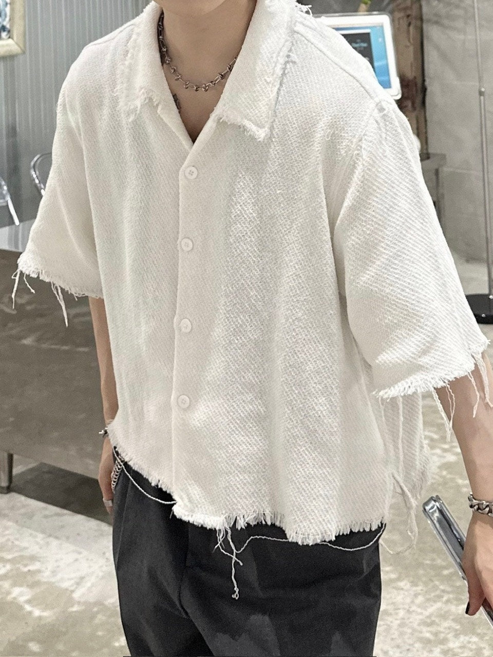 大阪店WEB限定受注制【Chikashitsu +】tweed cropped shirt (2color)